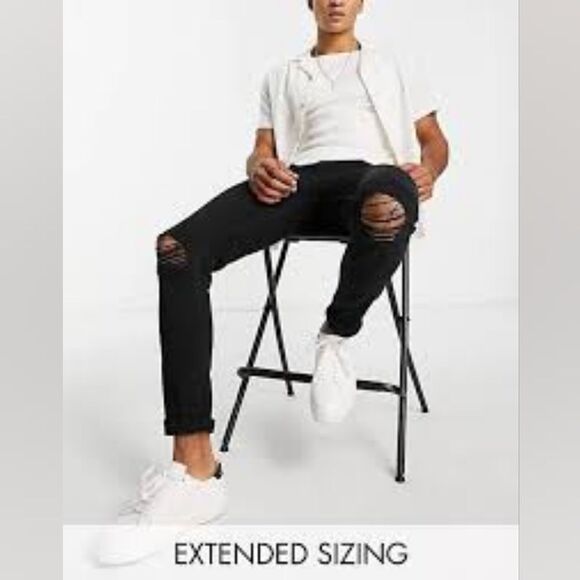 ASOS DESIGN skinny jeans in black with knee rips Waist 30 Length 32 NWT and in p - Picture 1 of 7